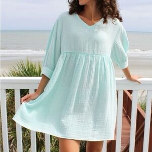 Simply Southern Gauze V-Neck Dress in Seafoam Size Large